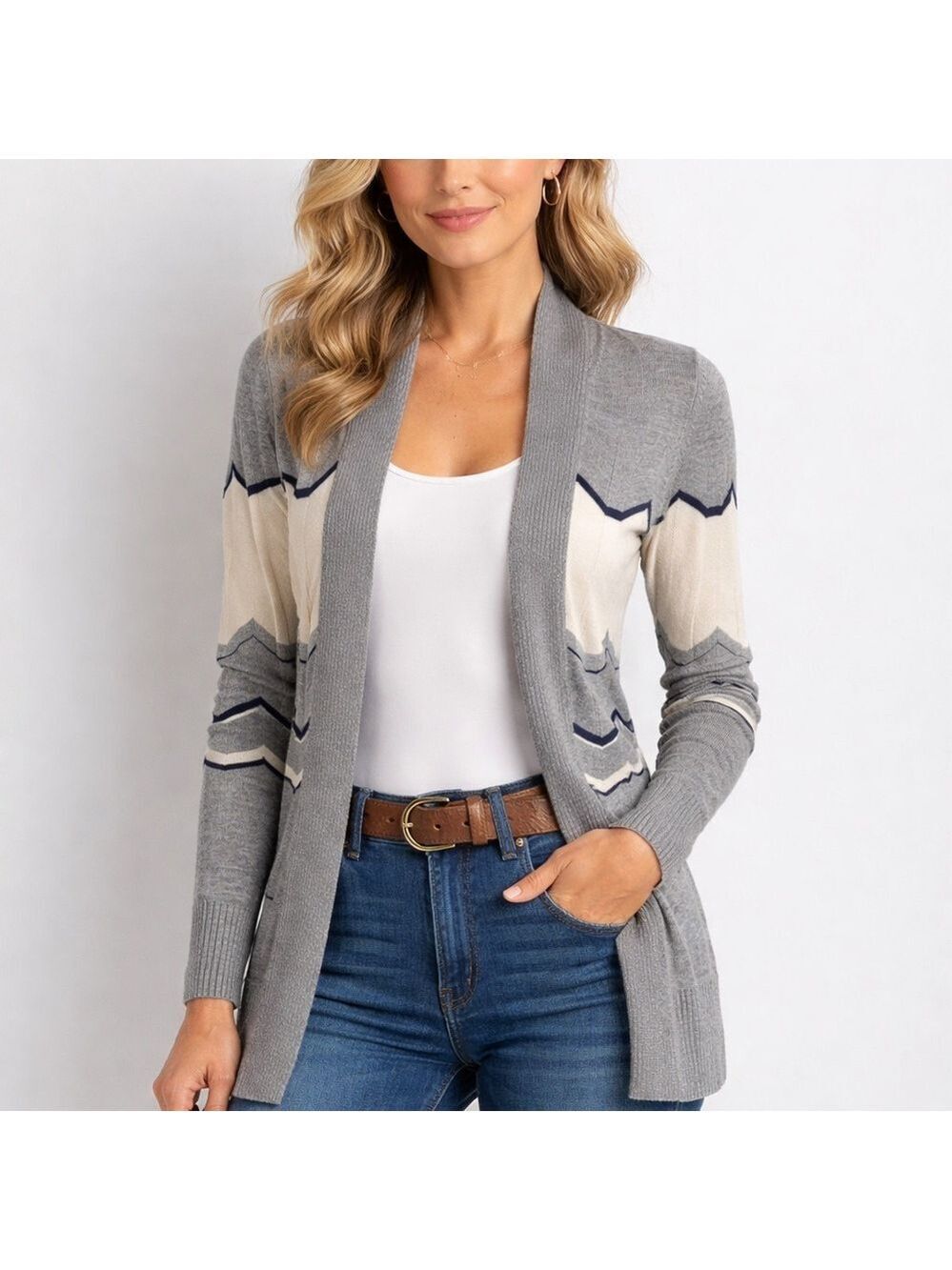 Banana Republic Grey Chevron Merino Wool Open Cardigan XS Long Sweater western